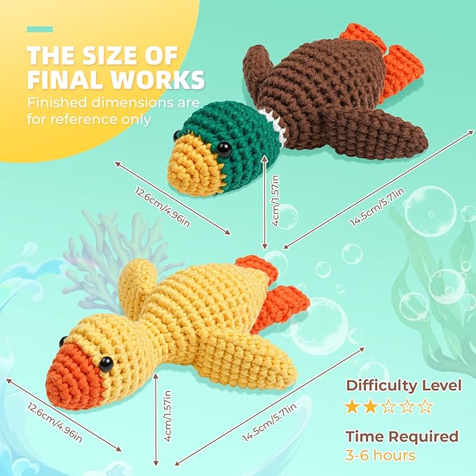 Crochet Kit for Beginners, Learn to Crochet, Include Easy Knitting Soft Yarn, Step-by-Step Video Tutorial, Hook, Holiday Birthday Gift for Adults and Kids(2 Pack Ducks)