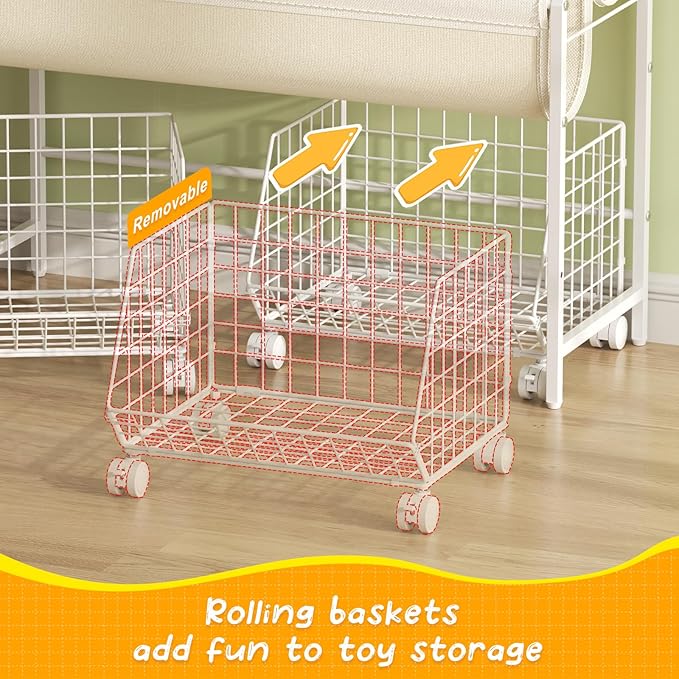 Kids Bookshelf and Toy Storage with 2 Rolling Baskets – Toddler Bookshelf, Montessori Children's Booksheves for Nursery, Small Book Shelf for Kids Rooms, Playroom Organization and Storage