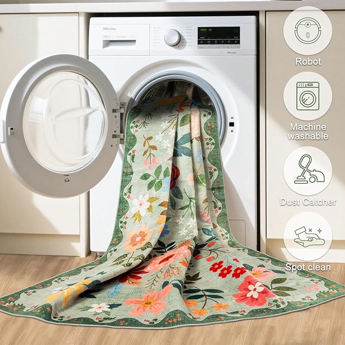 Runner Rug for Entryway: 2.6x8 Kitchen Rugs Non Slip Washable Ultra-Thin Soft Floral Carpet Indoor Floor Stain Resistant Carpets for Hallway Bedroom Kitchen Laundry Bathroom Dorm Green