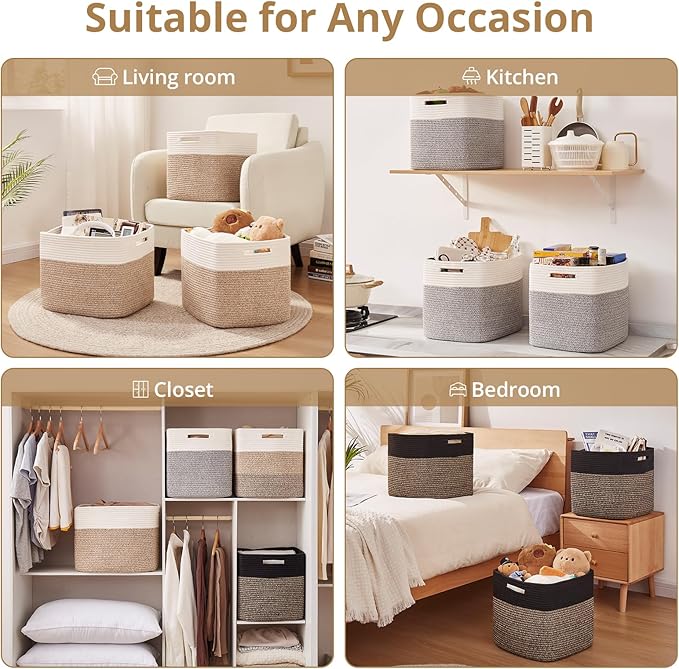 OIAHOMY 13 Kallax Inch Cube Storage Bins, 3-Pack Cotton Rope Woven Baskets for Organizing, Kallax Insert Storage Baskets for Shelves, Baby Nursery, Closet Organizer, 15*13*12.6IN, Brown & White