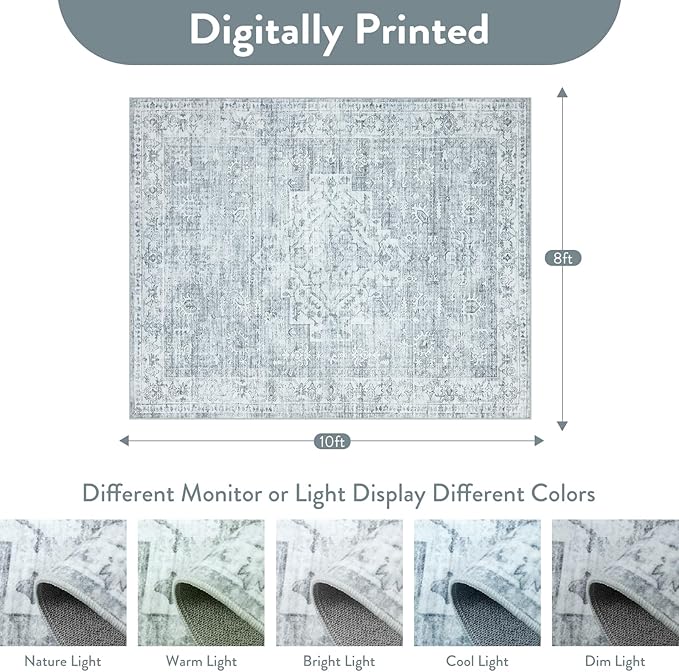 LIVEBOX Washable Area Rug 8x10 Rugs for Living Room Bedroom, Non-Slip Boho Neutral Carpet for Dining Room Office, Low-Pile Farmhouse Soft Carpets for Kids Nursery Room Playroom, Grey