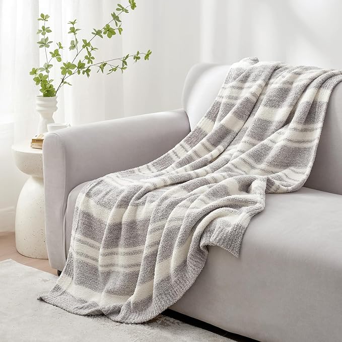 Snuggle Sac Grey Stripe Knitted Throw Blanket for Couch, Reversible Super Soft Warm Blankets Cozy Knit Fuzzy Plush Lightweight Throws for Sofa, Bed, Stripe Grey, 50 x 60 inches