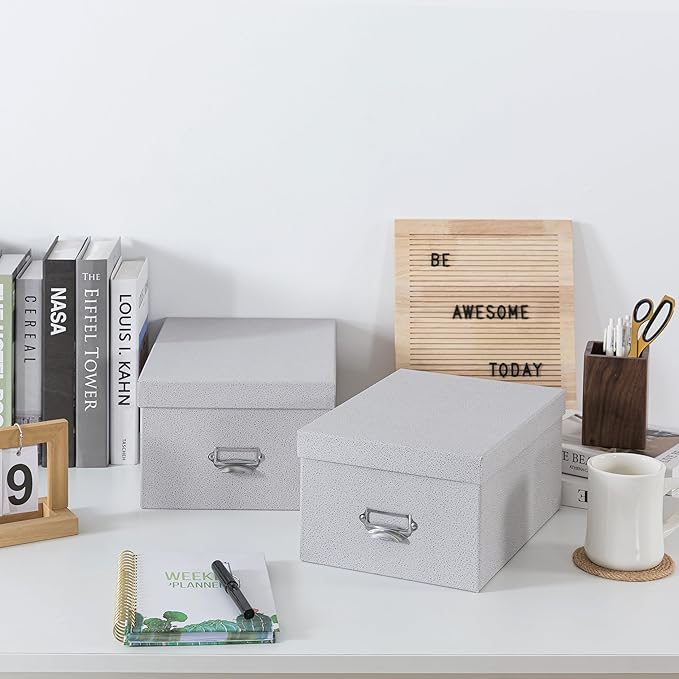 Soul & Lane Decorative Cardboard Storage Boxes with Lids, Set of 2 Stacking Keepsake Photo and Memory Boxes for Home & Office, Paperboard Organizers with Label Holders and Drawer Pulls, Cloud Gray