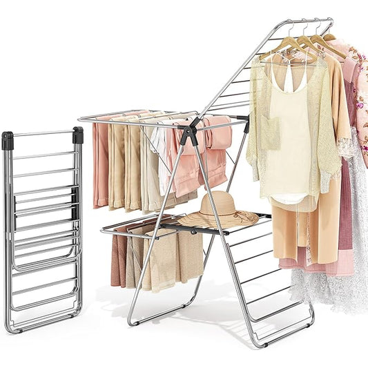 APEXCHASER Clothes Drying Rack with 4 Wings, Stainless Steel Drying Rack Clothing with Height-Adjustable, Foldable Gullwings Laundry Drying Rack, Indoor Outdoor Use, No Assembly, Black