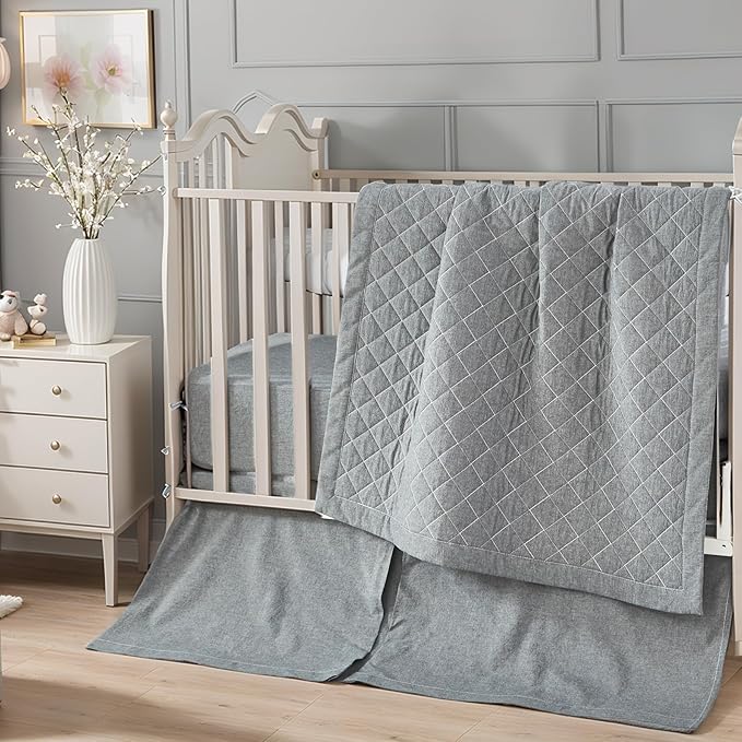 Brandream Gender Neutral Boho Bohemian Farmhouse Chic Baby Crib Bedding Set 100% Washed Cotton Like Linen Supersoft Classic Quilted Plaid Design Nursery Collection (Grey, 6-Piece)