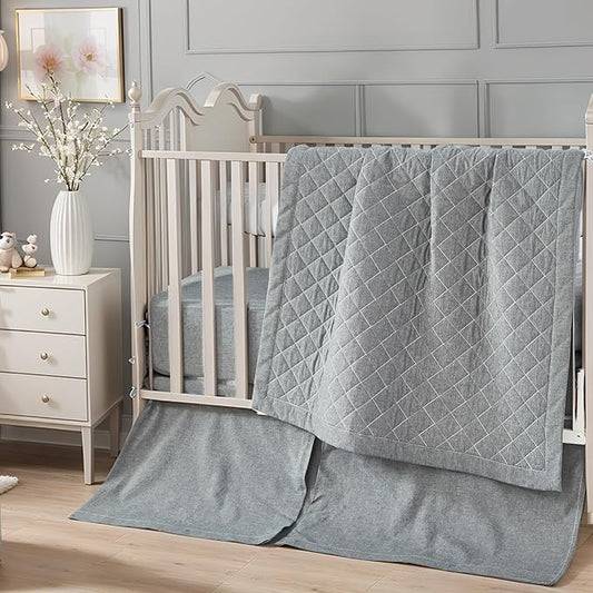 Brandream Gender Neutral Boho Bohemian Farmhouse Chic Baby Crib Bedding Set 100% Washed Cotton Like Linen Supersoft Classic Quilted Plaid Design Nursery Collection (Grey, 6-Piece)