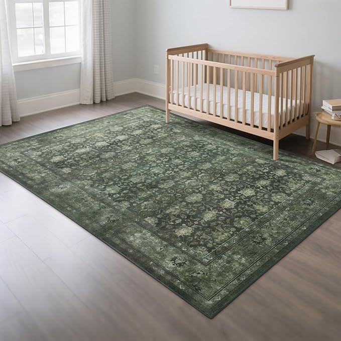 Large 8x10 Washable Area Rug for Living Room, Non Slip Vintage Traditional Rugs for Bedroom, Indoor Thin Accent Floral Nursery Carpet for Dining Room, Farmhouse (Distressed Green)