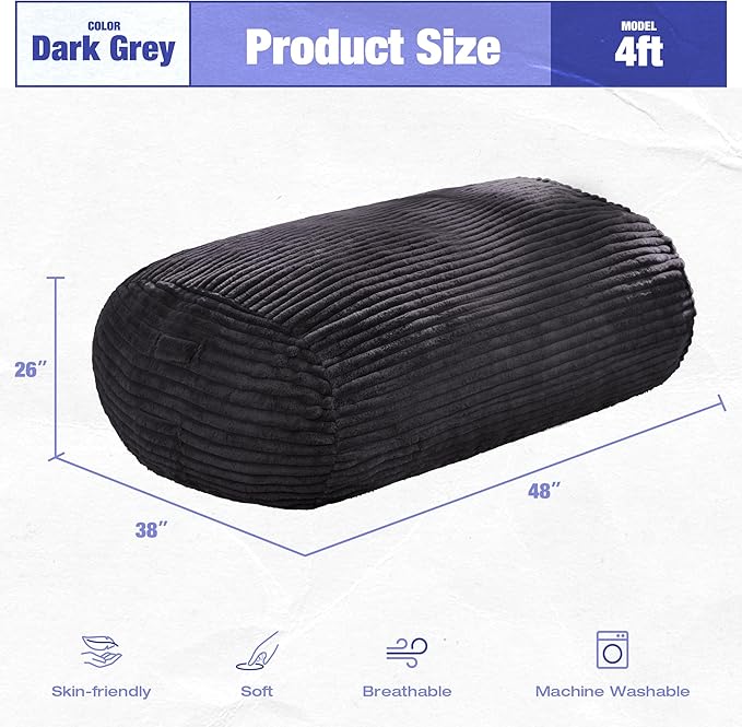 Hobestluk 4FT Bean Bag Chairs Adult Bean Bag with Portable Handle Comfy Large Bean Bag Chair with Removable Cover for Living Room Bedroom or Reading Nook (Stripe Dark Grey, 4FT)