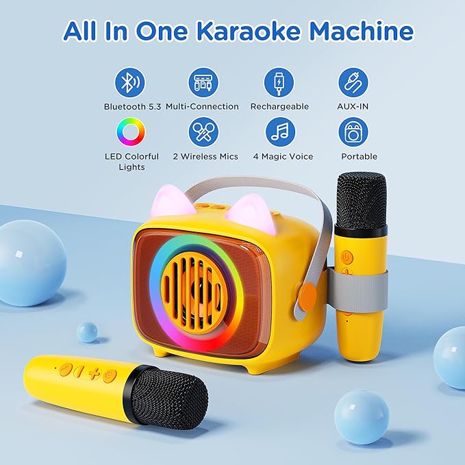 BIGASUO Karaoke Machine for Kids, Mini Portable Bluetooth Speaker with 2 Wireless Microphones and LED Lights, Kids Toys Ideal Gifts for Girls & Boys Birthday Home Party