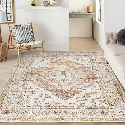 Lahome 5x7 Boho Machine Washable Area Rug (Non-Slip Lightweight Low-Pile)(Oriental Distressed Print for Living,Bedroom,Office)