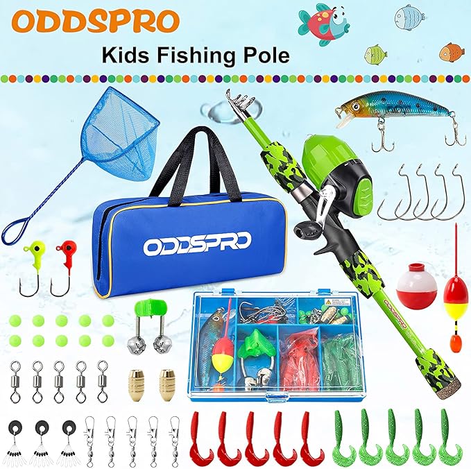 ODDSPRO Kids Fishing Pole Pink, Portable Telescopic Fishing Rod and Reel Combo Kit - with Spincast Fishing Reel Tackle Box for Girls, Youth