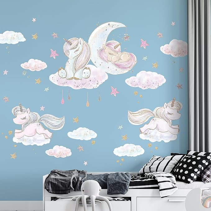 Unicorn Wall Decals by Lipastick - Vibrant Glitter Moon, Stars, Cloud Stickers for Girls Bedroom, Baby Nursery, Kids Room, Birthday Party Decor Art- Wall Stickers for Girls Room