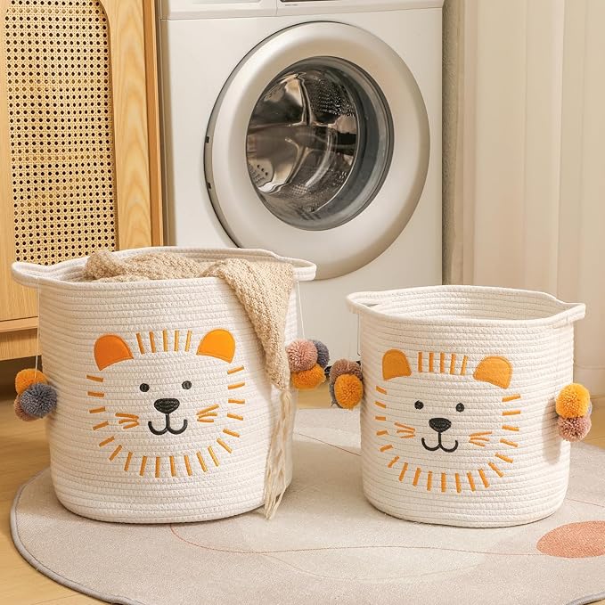 Large Blanket Baskets for Living Room Decor, Toy Storage Baskets Woven Cotton Rope Animal Storage Basket for Kids, Dog Toys Organizer Clothes Hamper with Embroidery Decor for Nursery (Large, Lion)