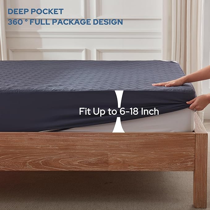 2 Pack Waterproof Mattress Protector, Queen Size Mattress Pad Noiseless with Deep Pocket Fitted for 6"-18", Soft Breathable Dirt-Proof Bed Mattress Cover Washable for Home, Bedroom, Hotel (Navy Blue)