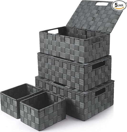 Storage Bins with Lids, Woven Storage Box Organizer Containers Decorative Baskets Cube for Clothes Bedroom Closet Office (5 Pack, Grey)