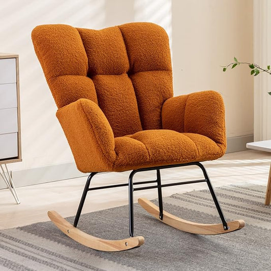 NIOIIKIT Nursery Rocking Chair Teddy Upholstered Glider Rocker Rocking Accent Chair Padded Seat with High Backrest Armchair Comfy Side Chair for Living Room Bedroom Offices (Orange)