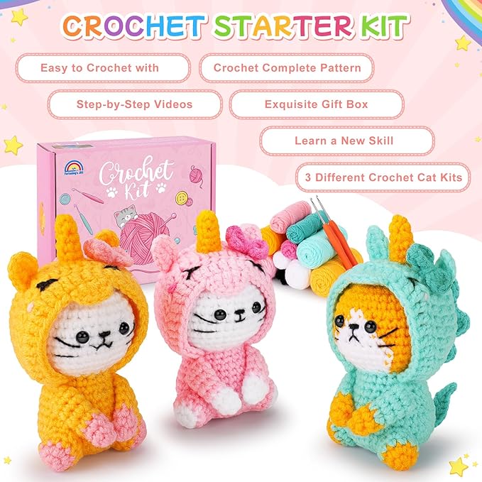 Crochet Kit for Beginners - 3 PCS Unicorn Cat Crochet Kits with Step-by-Step Video Tutorials, Beginner Crochet Kit for Adults Kid, Crochet Animal Kit for Starters, Cat Dressed as Unicorn Set