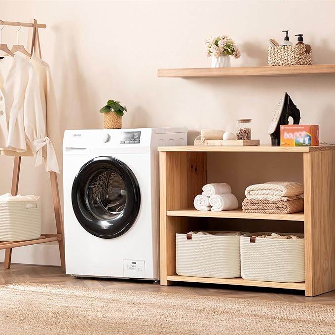 UBBCARE 2 Pack Baskets for Organizing, Woven Storage Baskets with Label for Toys and Towel, Rectangle Cotton Rope Basket with Handles, 15''L x10''W x9''H, Off-White