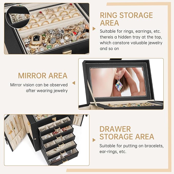 AKOZLIN 6-Tier Jewelry Box Organizer Functional 5 Drawers Leather Jewelry Storage Case for Women Girls Ring Necklace Earring Bracelet Holder Organizer with Mirror Black