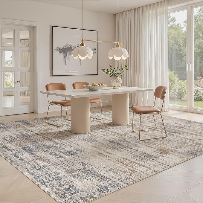 Area Rug for Living Room: 6x9 Washable Neutral Abstract Modern Soft Rugs Non Slip Indoor Floor Stain Resistant Large Carpet for Bedroom Dining Room Office Nursery - Brown
