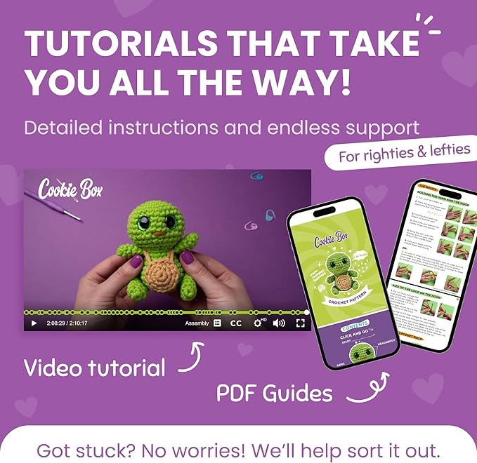 Cookie Box Crochet Kit for Beginners - Learn to Craft Amigurumi Stuffed Animals - Knitting Gift for Kids and Adults - Beginner-Friendly Yarn - Stitch-by-Stitch Video Tutorial - Turtle Hugo