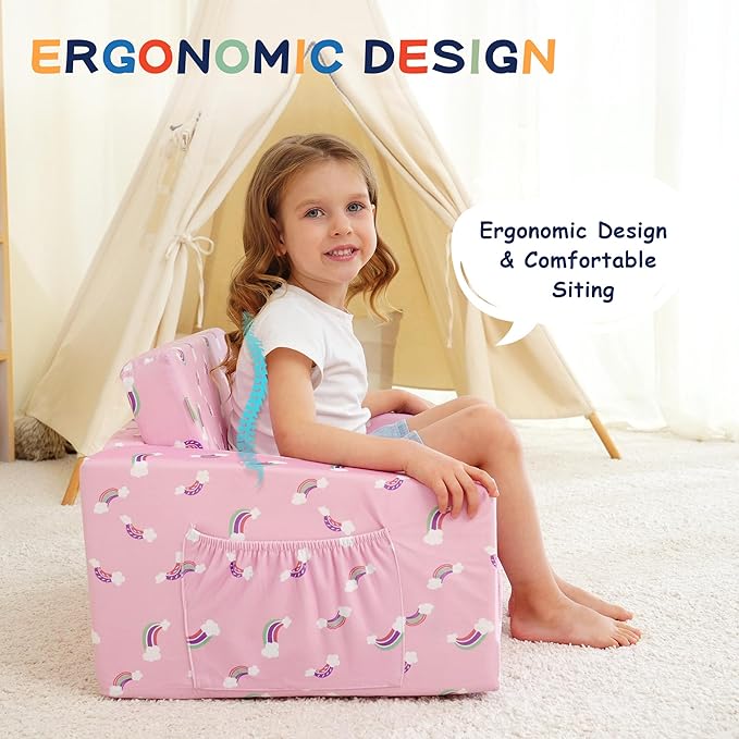 MallBest Kids Sofas Toddler Couch Bed Baby's Upholstered Chair Sleepover Couch Flipout Open Recliner(Pink/Rainbow)…