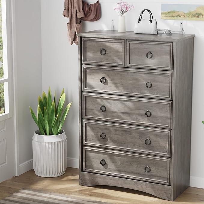 LGHM Modern 6 Drawer Dresser, Dressers for Bedroom, 44.33" Tall Chest of Drawers Closet Organizers & Storage Clothes - Easy Pull Handle, Textured Borders Living Room, Hallway, Gray