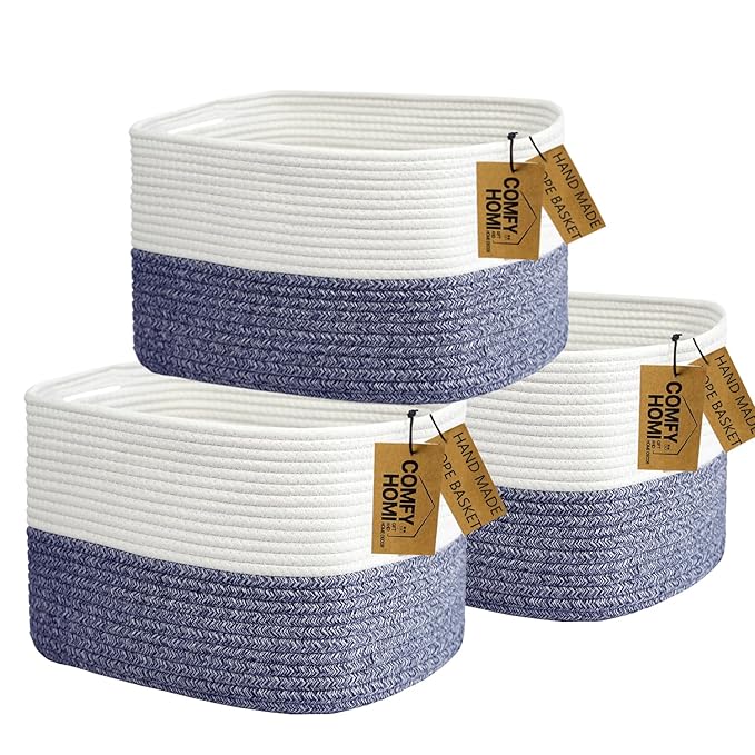 COMFY-HOMI 3 Pack Medium Cotton Rope Basket with Handles for Shelves, Dog Toy, Baby, Gift Organizing, Handwoven Craft - New Generation 13.5" x 11" x 9.5" (Navy Blue)