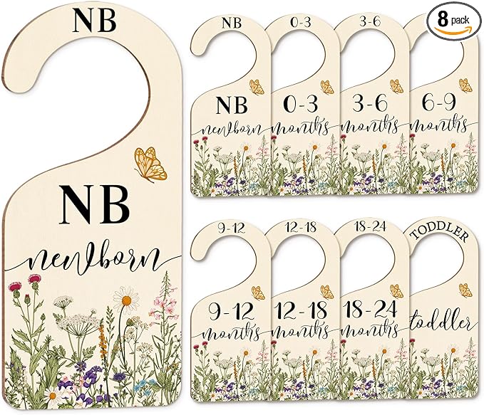 Whaline 8Pcs Wildflower Baby Closet Size Dividers Vintage Floral Leaves Hanging Wood Baby Closet Organizer Newborn to 24 Months Thicken Baby Wardrobe Organizer for Home Nursery