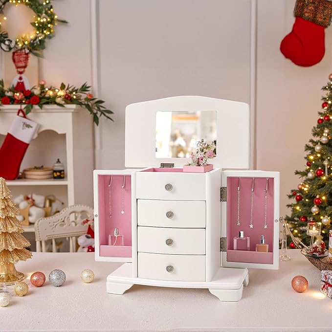 Jewelry Box,White Wooden Jewelry Box With Top Mirror, Jewelry Organizer Wooden Is Suitable For Storing Rings,Bracelets,Necklaces Etc