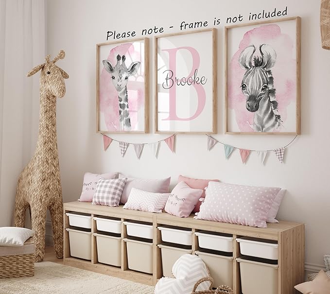 Safari Animals Set of 3 Unframed Poster Prints for Baby Girls Nursery Bedroom Playroom, Personalized Name, Choice of 12 Animals, Pink Purple (9x12)