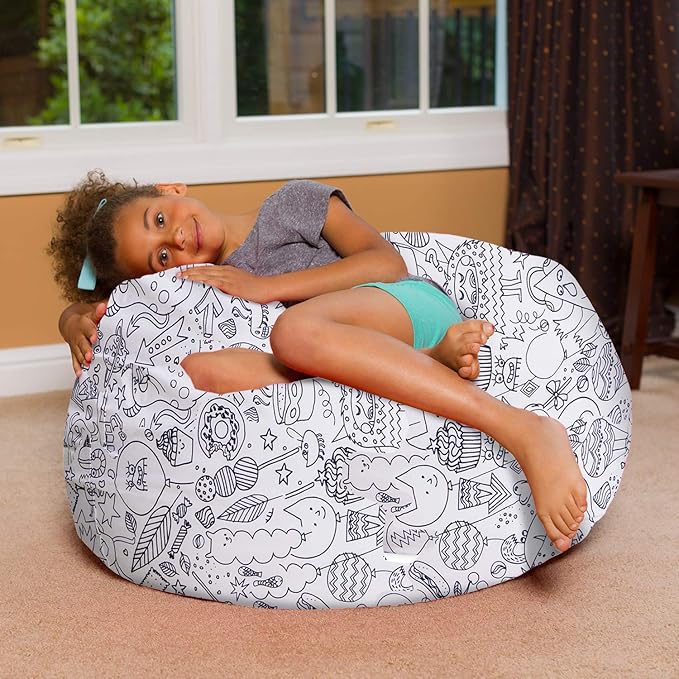Posh Creations Bean Bag Chair for Kids, Teens, and Adults Includes Removable and Machine Washable Cover, Canvas Coloring Fabric - Fun Creatures, 38in - Large