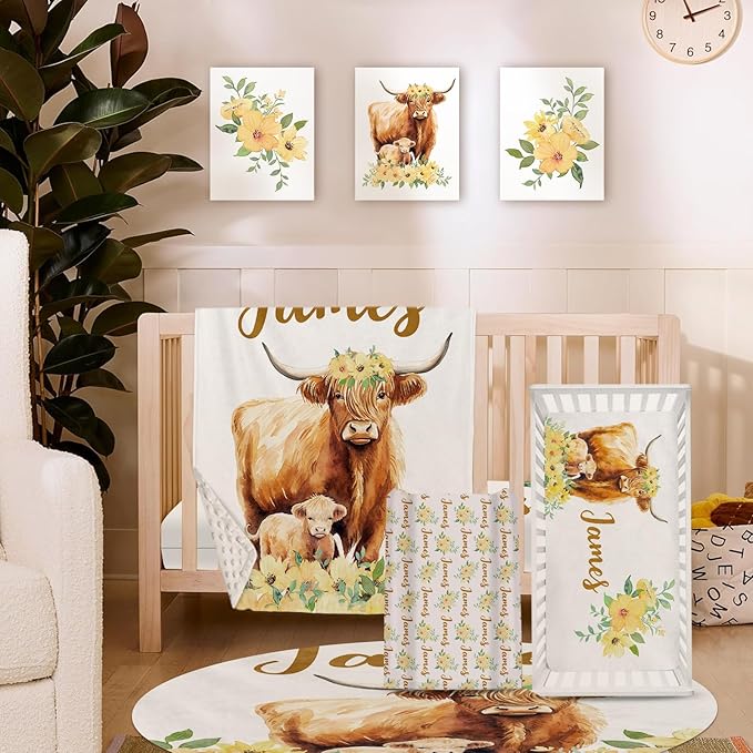 Personalized Baby Crib Bedding Set, 5-Piece Highland Cow Design Baby Crib Sets with Custom Name, Toddler Double Layer Blanket Fitted Sheets Changing Pad Cover Rug Wall Art Set, Charming Nursery Decor