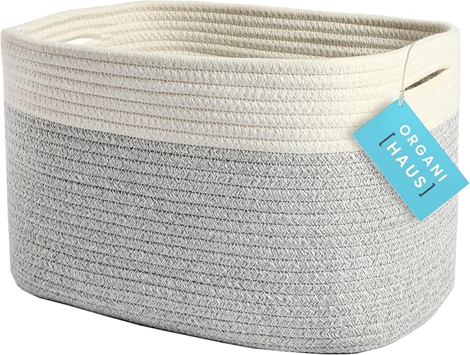 OrganiHaus Woven Basket for Storage, Baby Room Furniture, Decorative Towel Baskets for Bathroom, Cotton Rope Basket for Storage, Woven Baskets for Organizing, Rectangular Storage Basket, Grey