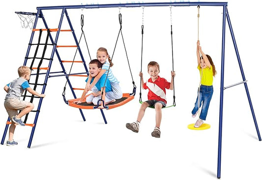Swing Set for Backyard - 6 in 1 Multifunction Kids Swing Set Heavy Duty 550 lbs Outdoor Extra Large Metal Swing Frame with 3 Adjustable Swings Climbing Net Ladder Basketball Hoop
