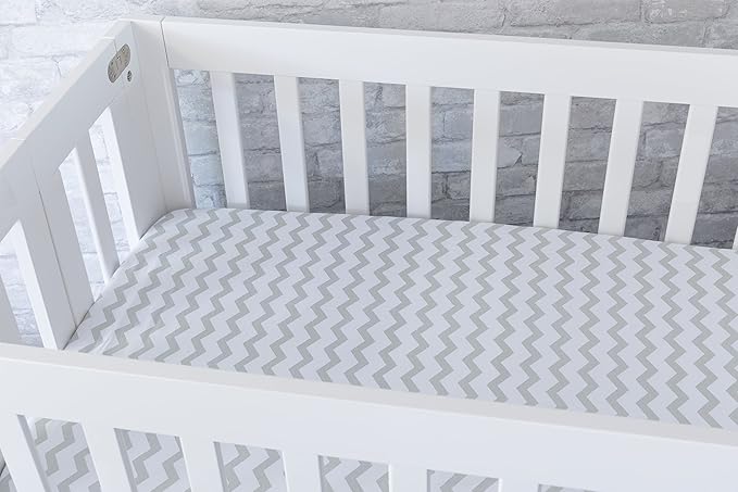 Ely's & Co. Kid's Waterproof Pack n Play Portable Mini Crib Sheet with Mattress Pad Cover Protection, White and Grey Chevron and Polka Dots (2 Pack)
