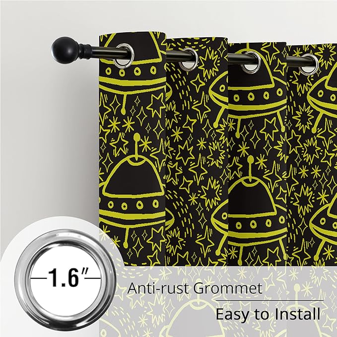 Kids UFO Blackout Curtains - 100% Blackout, Thermal Insulated, Noise Reducing, Perfect for Kids Room and Nursery, 2 Panels (Neon UFO Night, W52×L63)