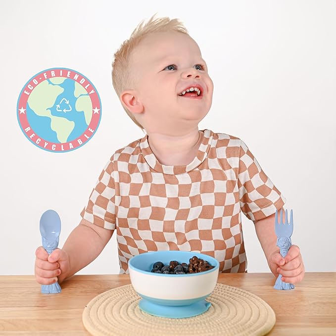 Made in USA Spoon la la Toddler Utensils Set (2 Pack) & Board Book - Spoon & Fork for Kids, Self-Standing 3D Ergonomic Cat & Dog Handles, BPA-free, Dishwasher Safe Baby Silverware (Blue)