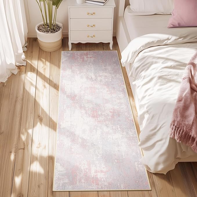 Washable Area Rugs 2'x8' Non-Slip Modern Abstract Soft for Living Room Entryway Bedroom Nursery, Print Pattern, Grey Pink