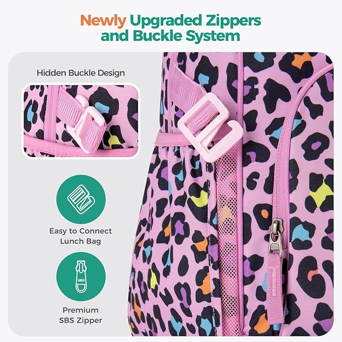 Choco Mocha Cheetah Backpack for Girls, Elementary School Backpack for Girls Ages 6-8 Kids Kindergarten Backpack Bookbag 17 Inch with Chest Strap, Pink