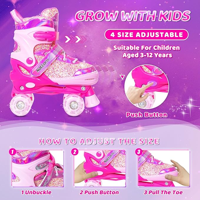 Nattork Kids Roller Skates for Girls Kids, 4 Sizes Adjustable Girls Roller Skates for Ages 3-12 with Light up Wheels & Safety Protection - Cool Birthday Gift for Indoor Outdoor Sports