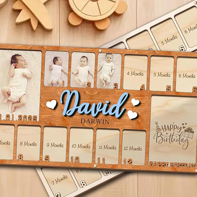 Personalized My First Year Photo Frame | 12 Months Picture Frame For Baby First Year | Displays Two 4x6 Photo and Twelve 2x3 Pictures | Birthday Party Decor Newborn Memory Keepsake, Style MP5