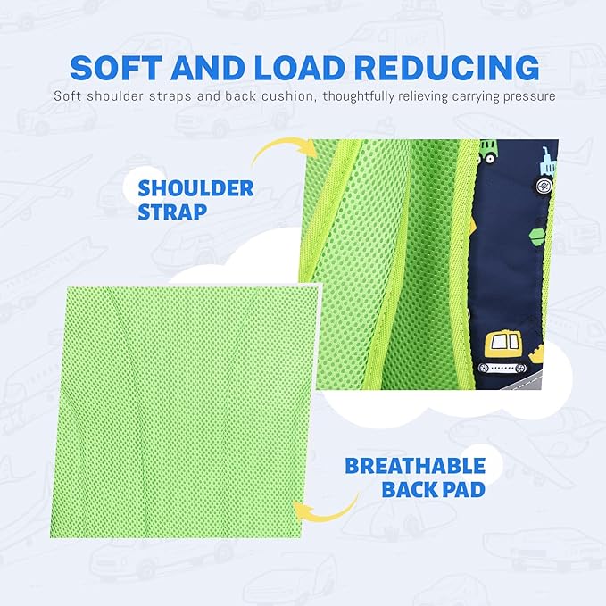 mygreen 3PCS Kids Backpack Set - Waterproof Bookbag with Lunch Box for Boys Ages 3-12, Adorable Cartoon Prints for School & Outdoor Use Blue Green Truck