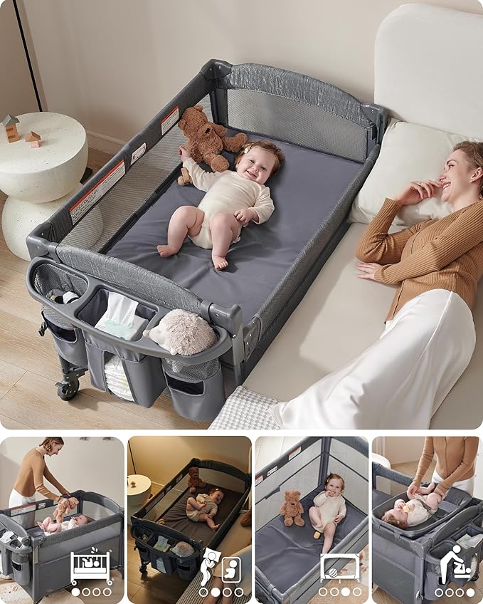 AirClub 4 in 1 Baby Bassinet Bedside Sleeper, 4 Functions Crib, Playard, Portable Changing Table, Bassinet for Newborn Baby, Bedsaide Bed w/Wheels&Brakes