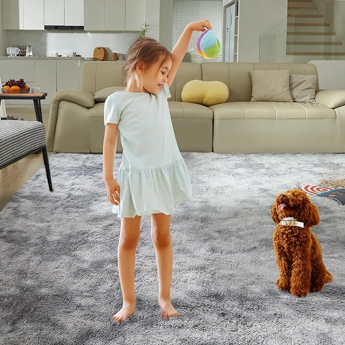 Ultra Soft Rug for Living Room, 3X5 Fluffy Shag Area Rug for Bedroom, Modern Shaggy Carpets Fuzzy Rug for Teens Dorm Nursery Home Decor Aesthetic, Upgrade Anti-Skid Durable, Tie-Dyed Light Grey