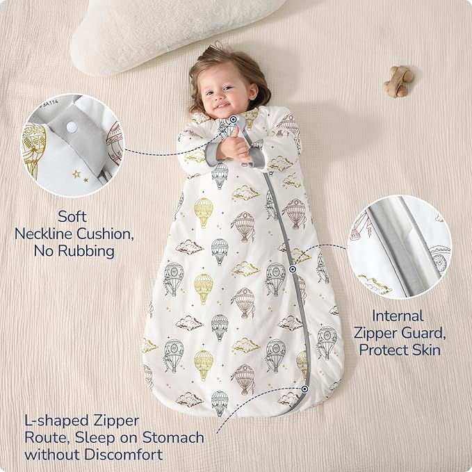 Baby Sleep Sack 18-24 Months, Cotton Detachable Long Sleeve Sleep Sack, 1.0 Tog Toddler Sleeping Sack with Temperature Strips, 2-Way Zipper Wearable Blankets for Newborns, Hot Air Balloon