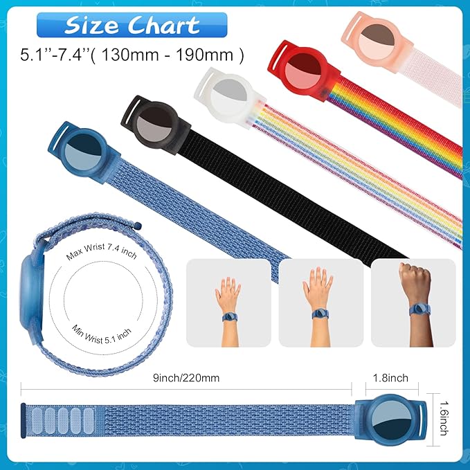 Waterproof Air Tag Bracelet for Kids (2 Pack), Soft Nylon Hidden Air Tag Wristband Full Cover Lightweight GPS Tracker Holder Compatible with Apple AirTag Band for Toddler Child (Black & Blue)