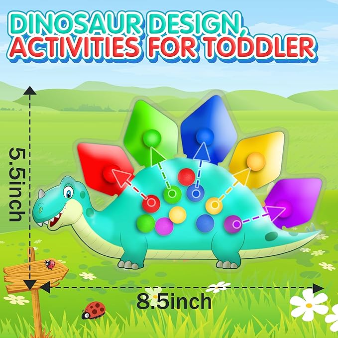 Dinosaur Color Sorting Sensory Toy Gift for Toddler Activities Fine Motor Matching Game Roadtrip Travel Essential Autism Fidgets for Classroom Christmas Stocking Stuffers for Kid 3 4 5 Year Old Boy
