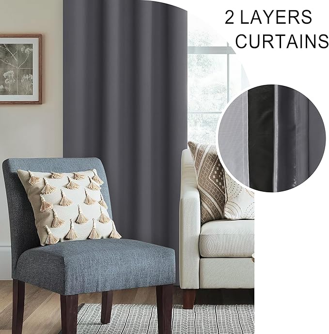 XWZO Dark Grey Blackout Curtains 84 Inches Long with Tiebacks- Full Light Blocking & Energy Efficiency Window Draperies with Black Liner for Bedroom/Living Room, Rod Pocket, W70 x L84, Set of 2