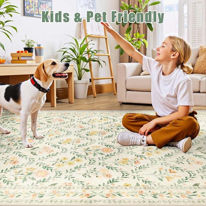6x9 Area Rugs for Living Room: Floral Washable Rug Vintage Large Soft Boho Non-Slip Carpet Indoor Stain Resistant Thin Carpets for Bedroom Dining Room Farmhouse Nursery Hallway Home Office Beige/Multi